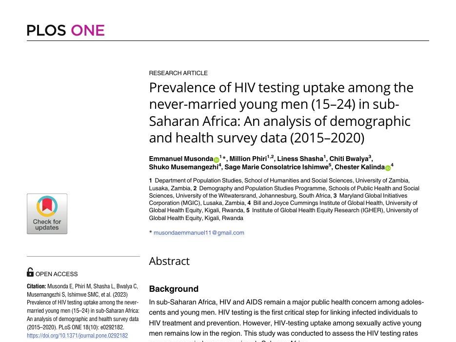 First page of Prevalence of HIV Testing Uptake Among Never-Married Young Men (15–24) in Sub-Saharan Africa