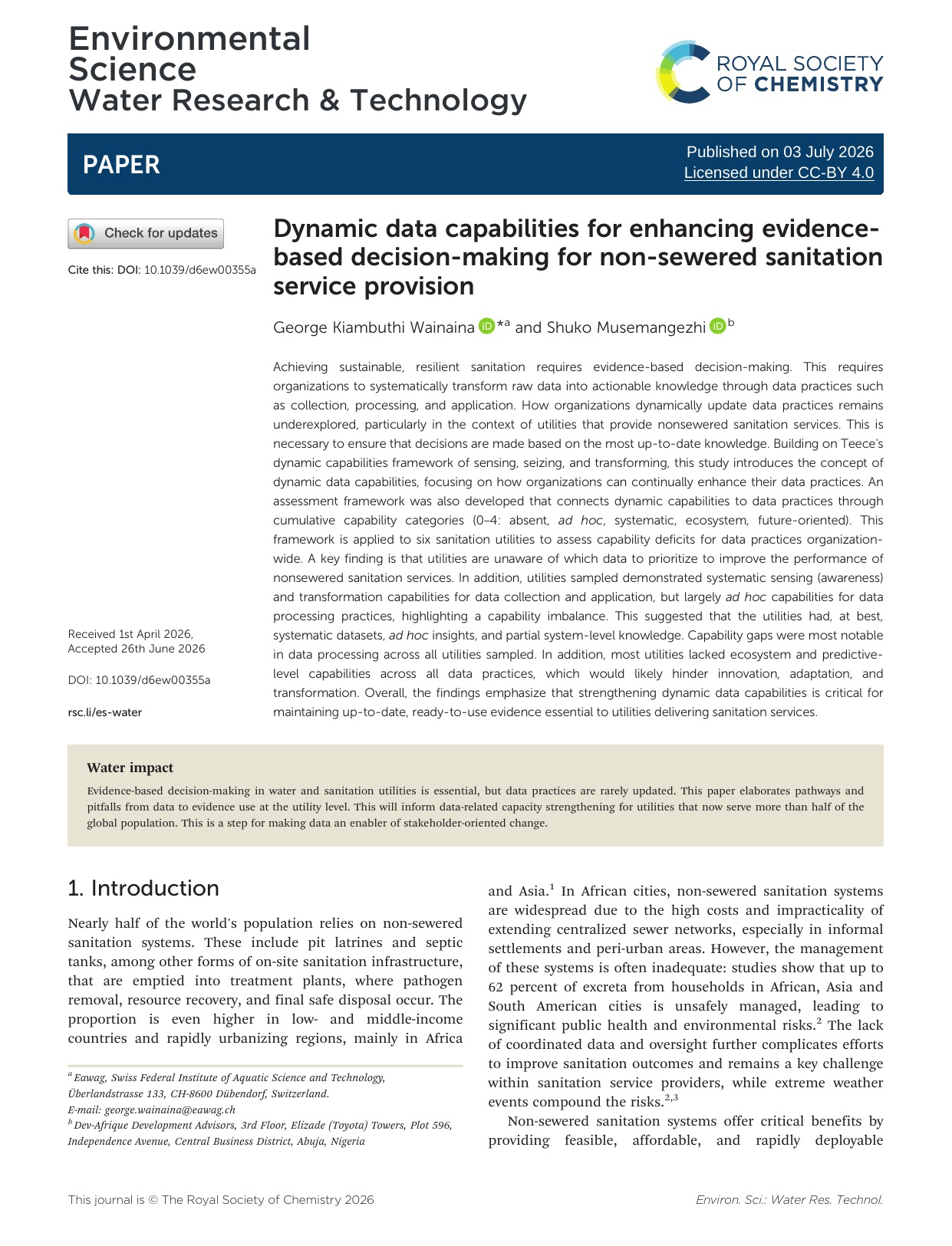 First page of Dynamic Data Capabilities for Enhancing Evidence-Based Decision-Making for Non-Sewered Sanitation Service Provision